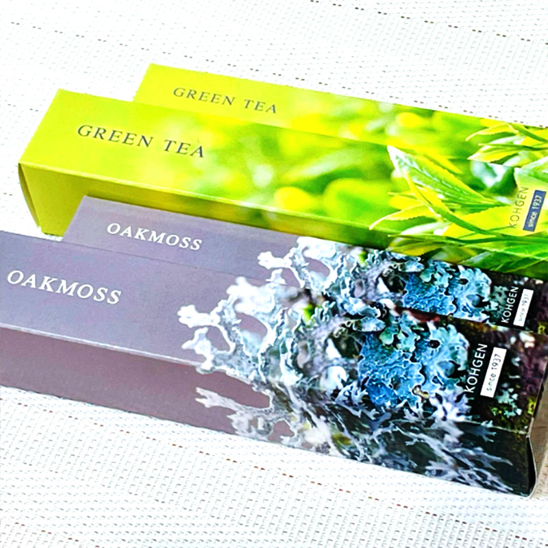 香源オリジナルのお香に新しい香り「グリーンティー」「オークモス」が加わりました。